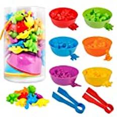 Räkna dinosaurier set, 56 st färgsortering räkning dinosaurier leksaker med matchande skålar och pincett, Montessori regnbåge matchande spel pedagogisk färgsortering leksaker för småbarn av MYCeator (56 st)