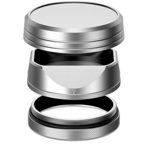 JJC klassisk fyrkantig metalllinsskydd med 49 mm adapterring + huvlock för Fujifilm X100VI Fuji X100V kamera – stöd 49 mm filterfäste – silver