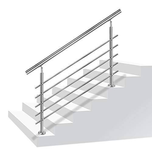 Aufun Trappräcke rostfritt stål ledstång räcke för trappor, inomhus och utomhus, balkong, räckvidd, silver, längd: 150 cm, med 5 tvärstag