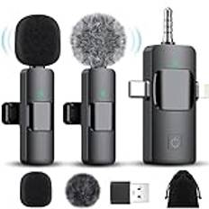 4 i 1 Trådlösa Lavaliermikrofoner för Apple, iPad, Android, Kamera, USB-C-mikrofon 2 Pack Brusreducering Kristallklar Inspelning för Videoinspelning, Vlog, YouTube, TikTok, Intervju