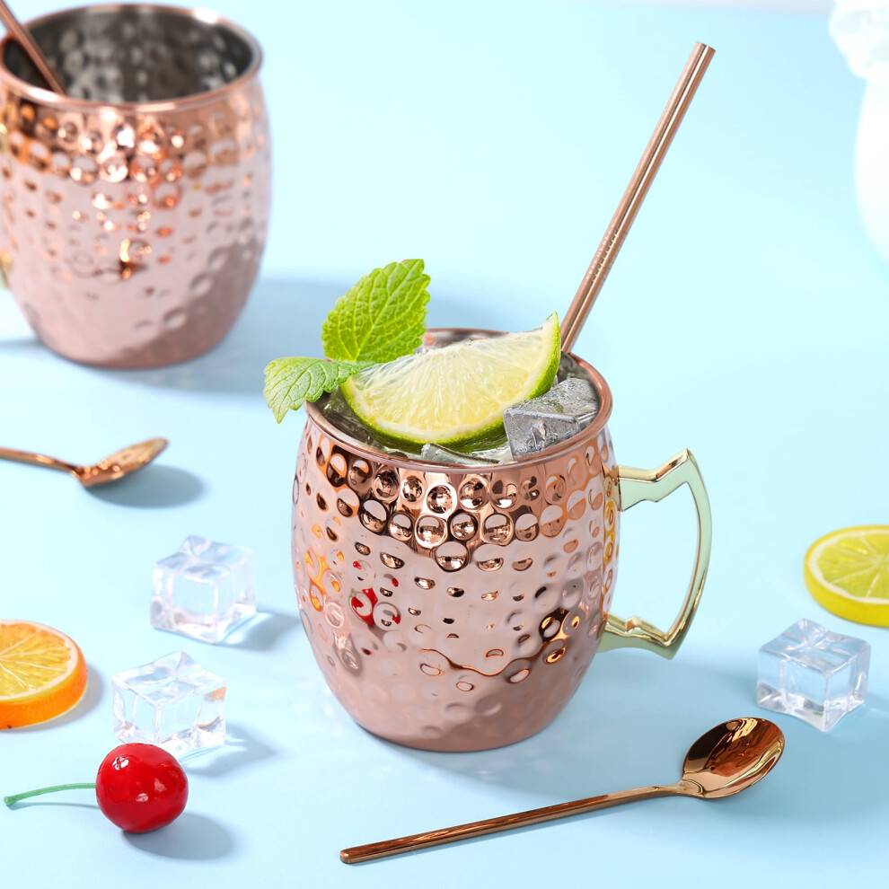 2 stk. 16oz Moscow Mule krussæt med sugerør og ske, 304 rustfrit stål, håndtag, håndlavede kopper til cocktail, ølbarfest
