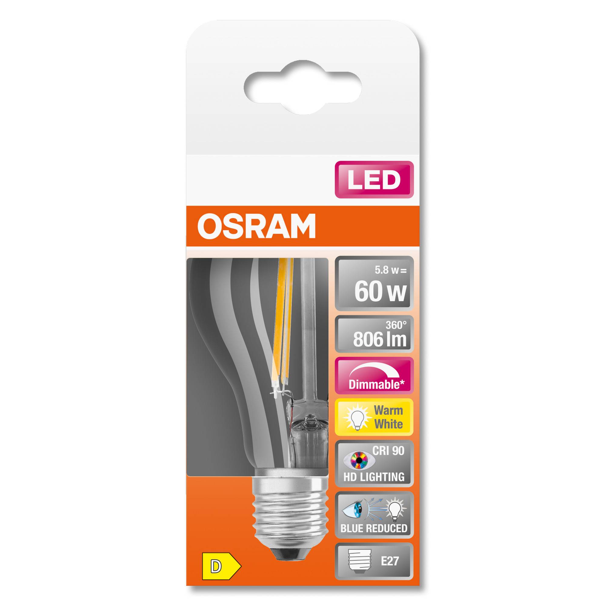 ledvance LED comfort std fil 806lm 7W/927 (60W) E27 dim