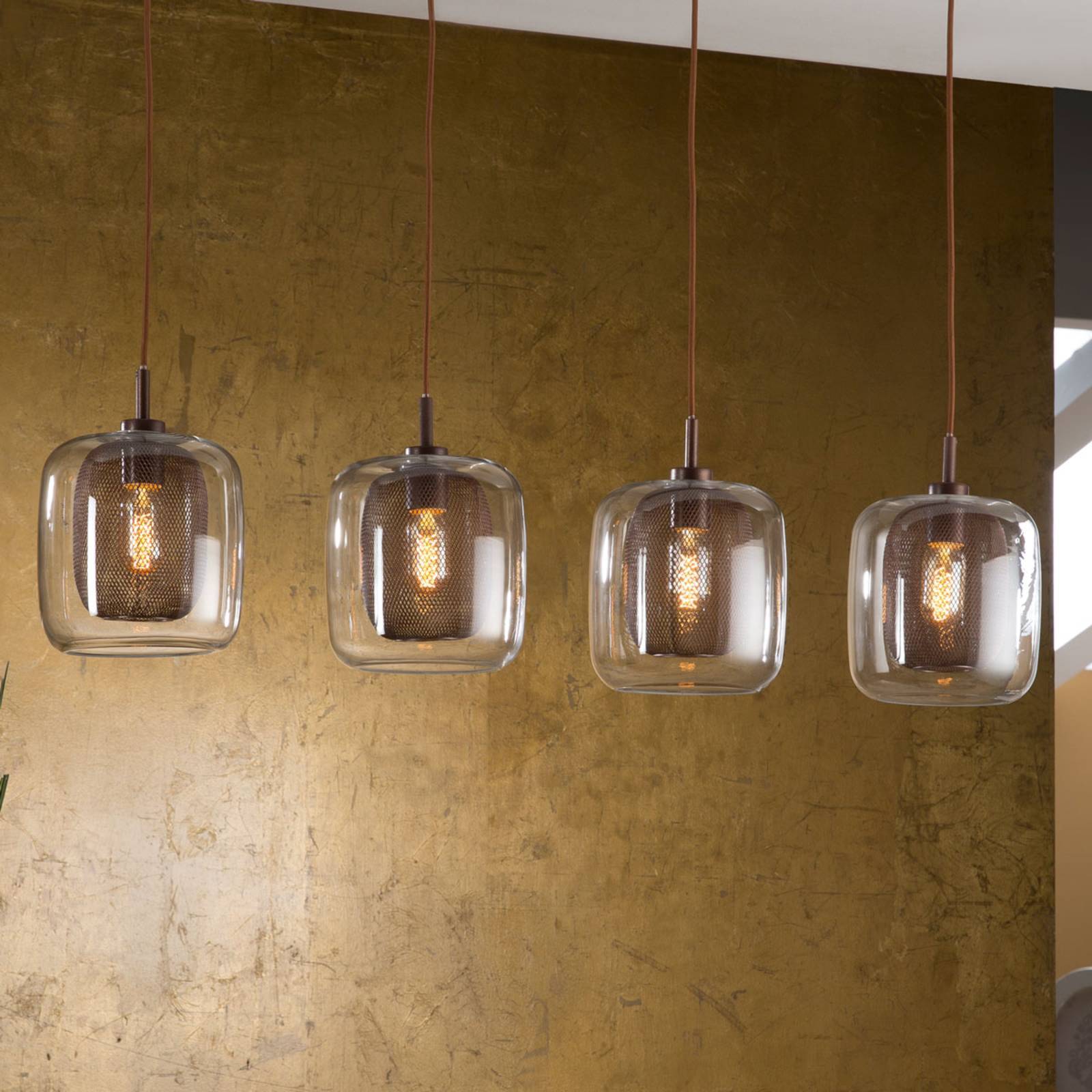 Schuller Valencia Glas pendellampa Fox, dimbar, Brun / rost, Vardagsrum / matsal, Metall, Pendellampa