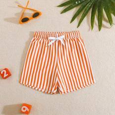 Randiga strandshorts med dragsko för pojkar, badkläder, bermudashorts med lös passform, lämpliga för strandfester och bad, 2 delar, casual set för poj - Orange (6Y,7Y,4Y,5Y)