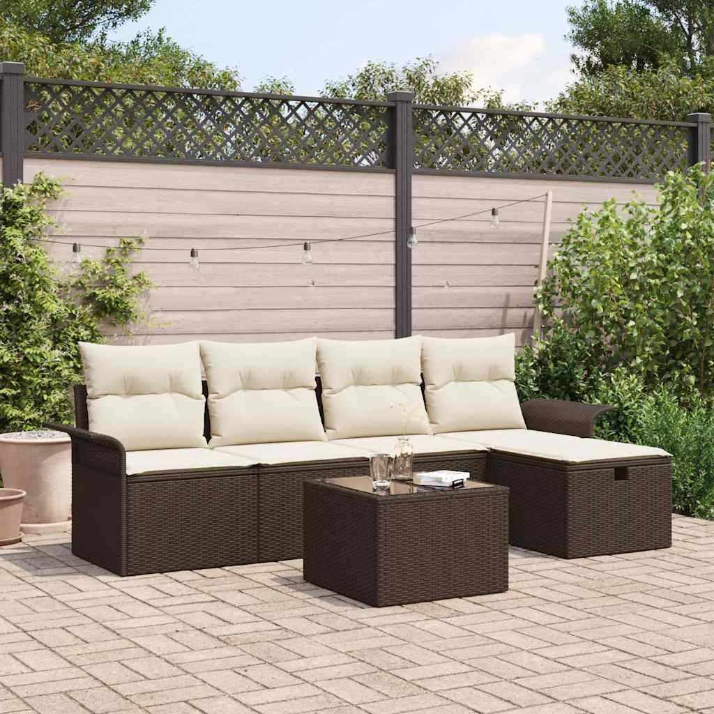 vidaXL Trädgårdsoffset med kudde med lagring 6 pcs Brun Poly rattan