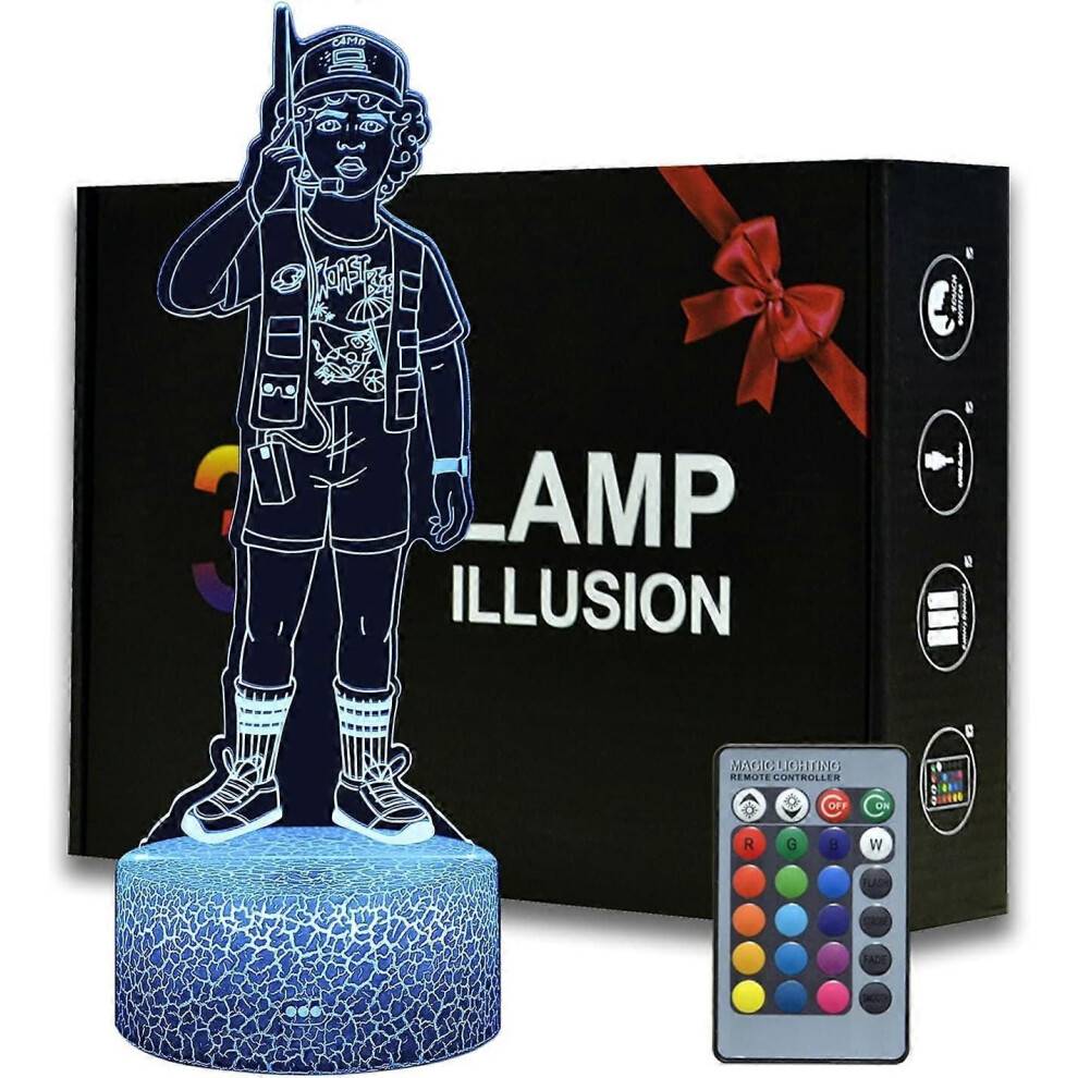 3D Illusion Dustin figur nattlampa, 16 färger utbytbar skrivbordslampa med fjärrkontroll för barnsäng