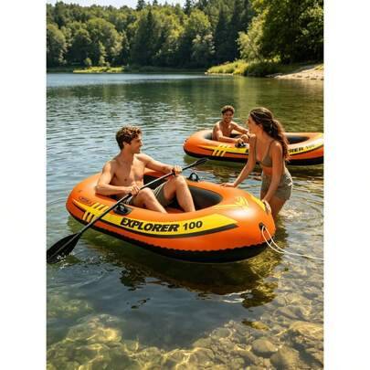 Uppblåsbar Explorer 100 enkelbåt, läcksäker kraftig PVC, snabb uppblåsning med halkfria grepp, vikbar bärbar flott med åra och rep, för floddrift, sjö - Multifärgad (1 st luftpump,1 st-Kajak/147*84*36cm)