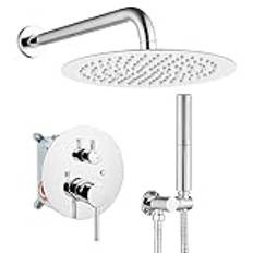 Shower System 10 Inch Chrome Polish Rainfall Round Shower Head Rough-in Valve Bathroom Luxury Wall Mount SUS304 High Pressure Brass Shower Handheld Mixer Shower Faucet Set