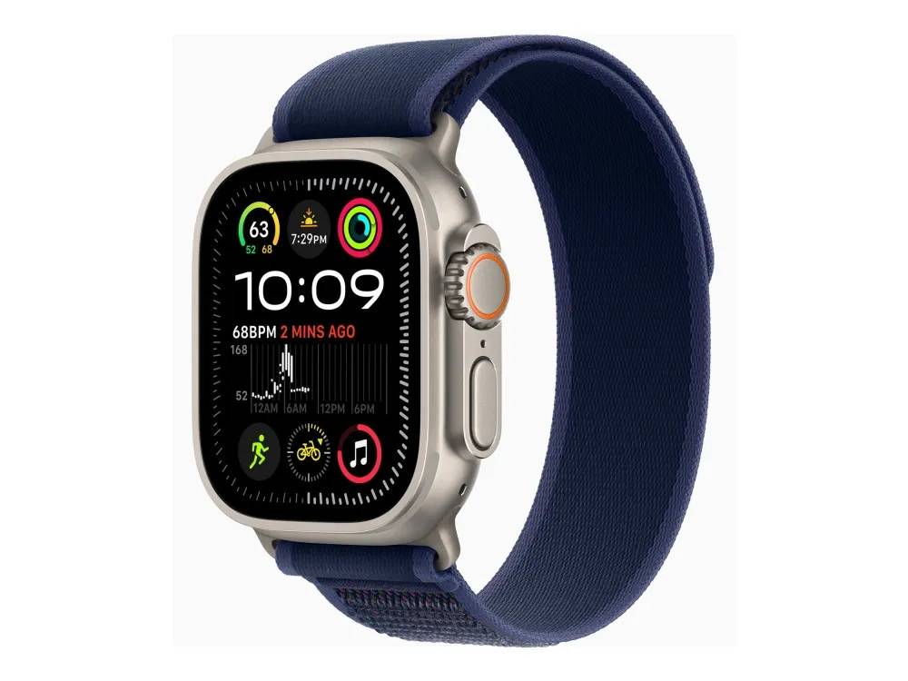 Apple Watch Ultra 2 - 49 mm - naturlig titan - smart klocka med Trail Loop - nylonväv - blå - bandstorlek: M/L - 64 GB - LTE, Wi-Fi 4, UWB, Bluetoo...