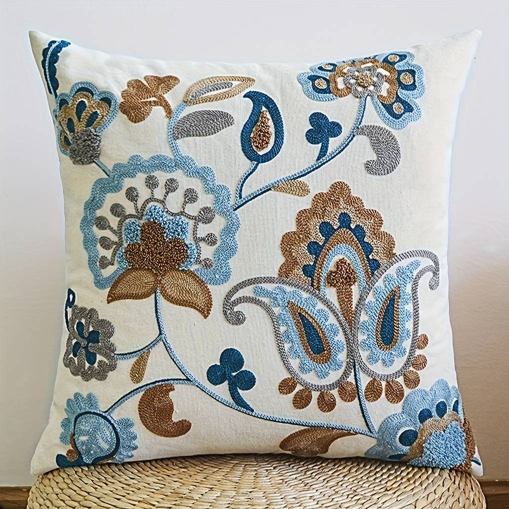 1pc Floral Embroidered Pillowcase: Soft Comfortable Cushion Cover For Bedroom Bedding And Sofa, Home Decor With Invisible Zipper Closure, Durable Fabric - Pillow Insert Not Included, 17.7inch*17.7inch