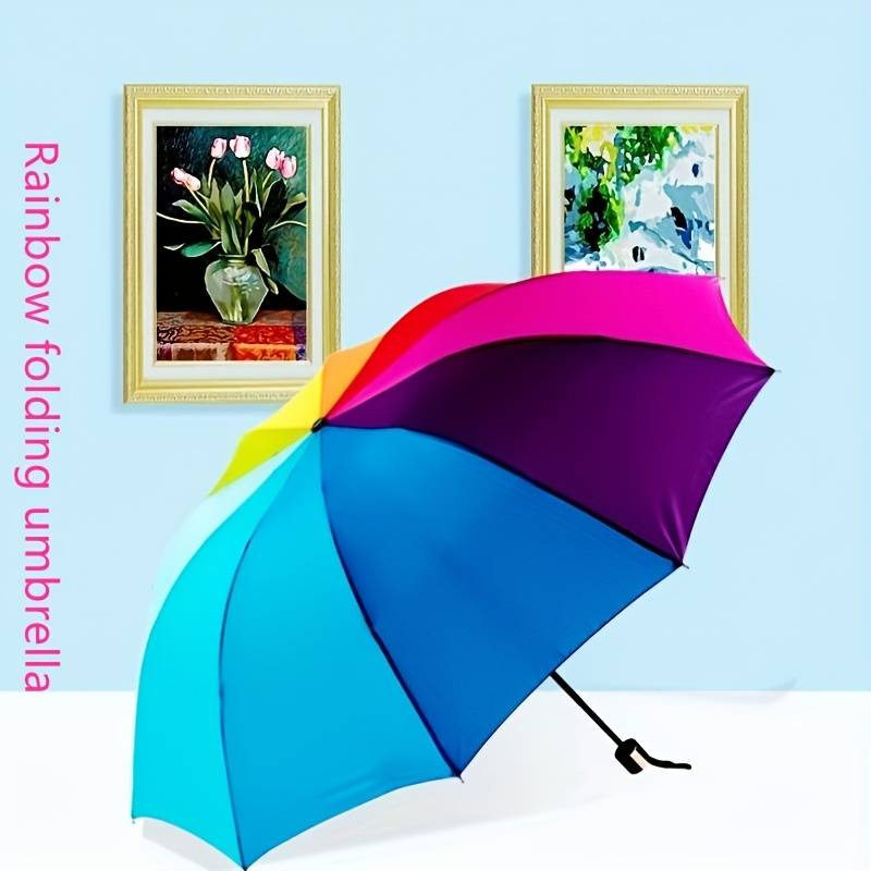 Large Rainbow Folding Umbrella - Uv Protection, 8-rib , Durable Polyester, Manual Open, Stylish For , Perfect For Beach & Outdoor Use, Beach Umbrella, Vibrant Umbrella, Durable Canopy