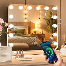 MAMIZO Hollywood spegel med ljus, 360° vridbar sminkspegel med belysning, 14 LED dimbar, kosmetisk spegel med USB, pekkontroll och 3 ljusfärger, 10 x förstoringsglas, väggspegel, bordsspegel