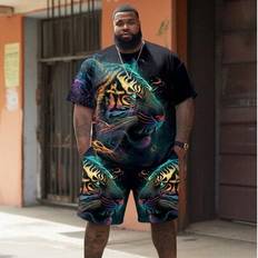 1 Set Plus Size Herr Kreativt målningstryck T-shirt och shorts Set, 2 delar sommarmodeoutfit - Multifärgad - 1XL,2XL,3XL,4XL,5XL