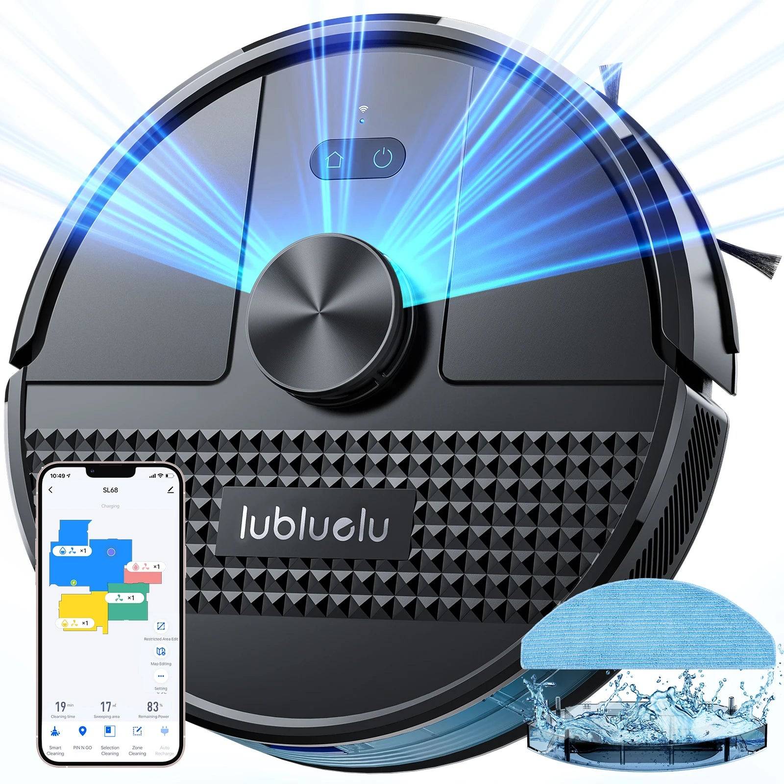 Lubluelu SL68 Robotic Vacuum Cleaner, 4500Pa Suction Power, Self-Charging, Anti-Siphon 5 Maps 24 No-Go Zones Hard Floor Cleaning - SL68-Black / UK / Australia