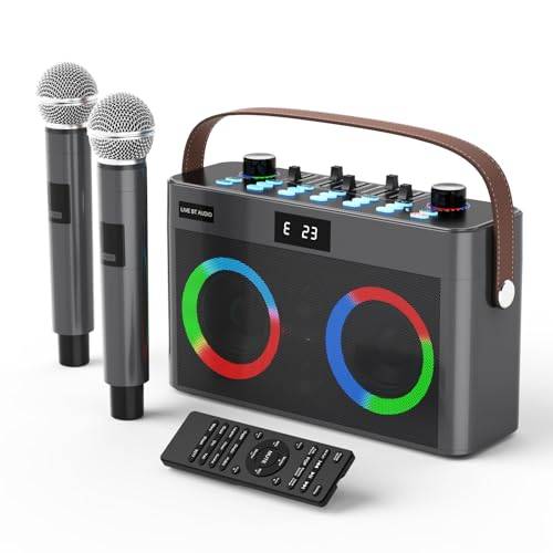 MT-VIKI Bärbar Bluetooth Karaokemaskin högtalare med 2 trådlösa mikrofoner + handtagsrem, LED-lampor, TF-kort, AUX-in för hemmafest, picknick, bil, utomhus/inomhus