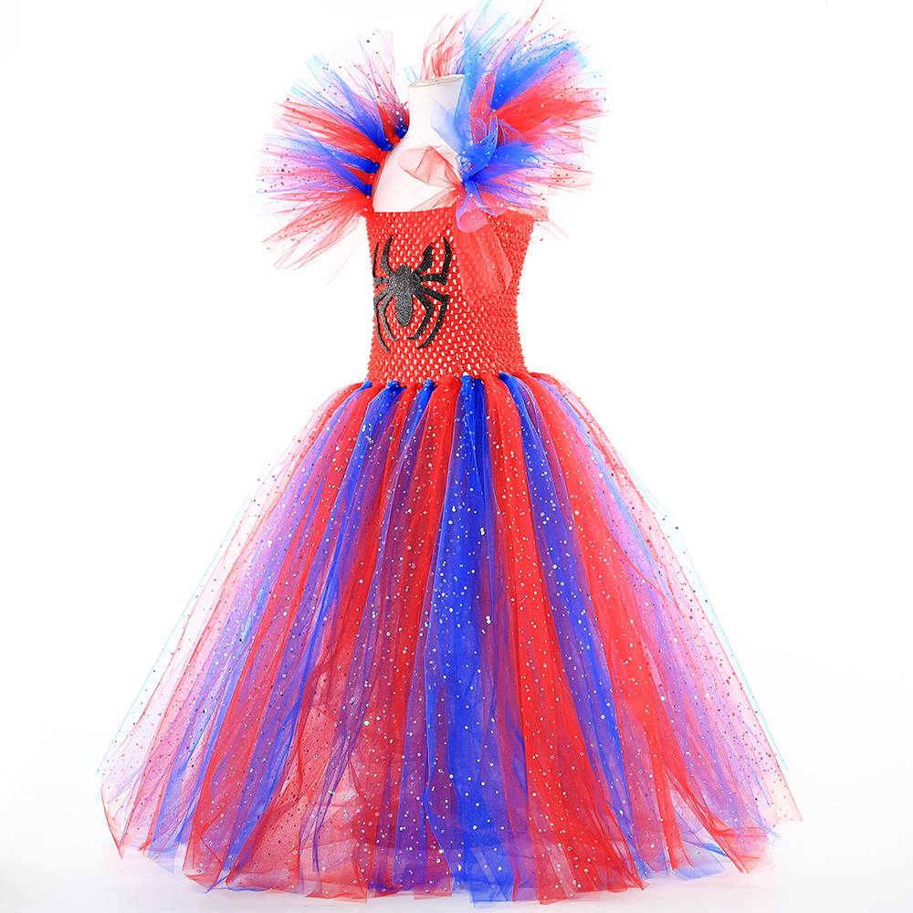 Girls Spider Superhero Costumes Kids Glitter Red Blue Super Hero Tulle Tutu Dress Girl Halloween Carnival Party Dress Up Clothes