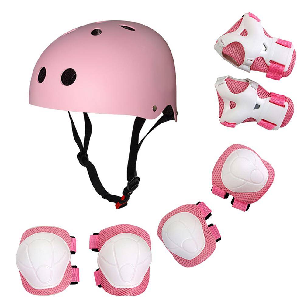 Skyddsutrustning för barn 7-i-1 Justerbar hjälm Knäskydd Armbågsskydd Handledsskydd för Barn Skateboard Scooter Skridskoåkning rosa