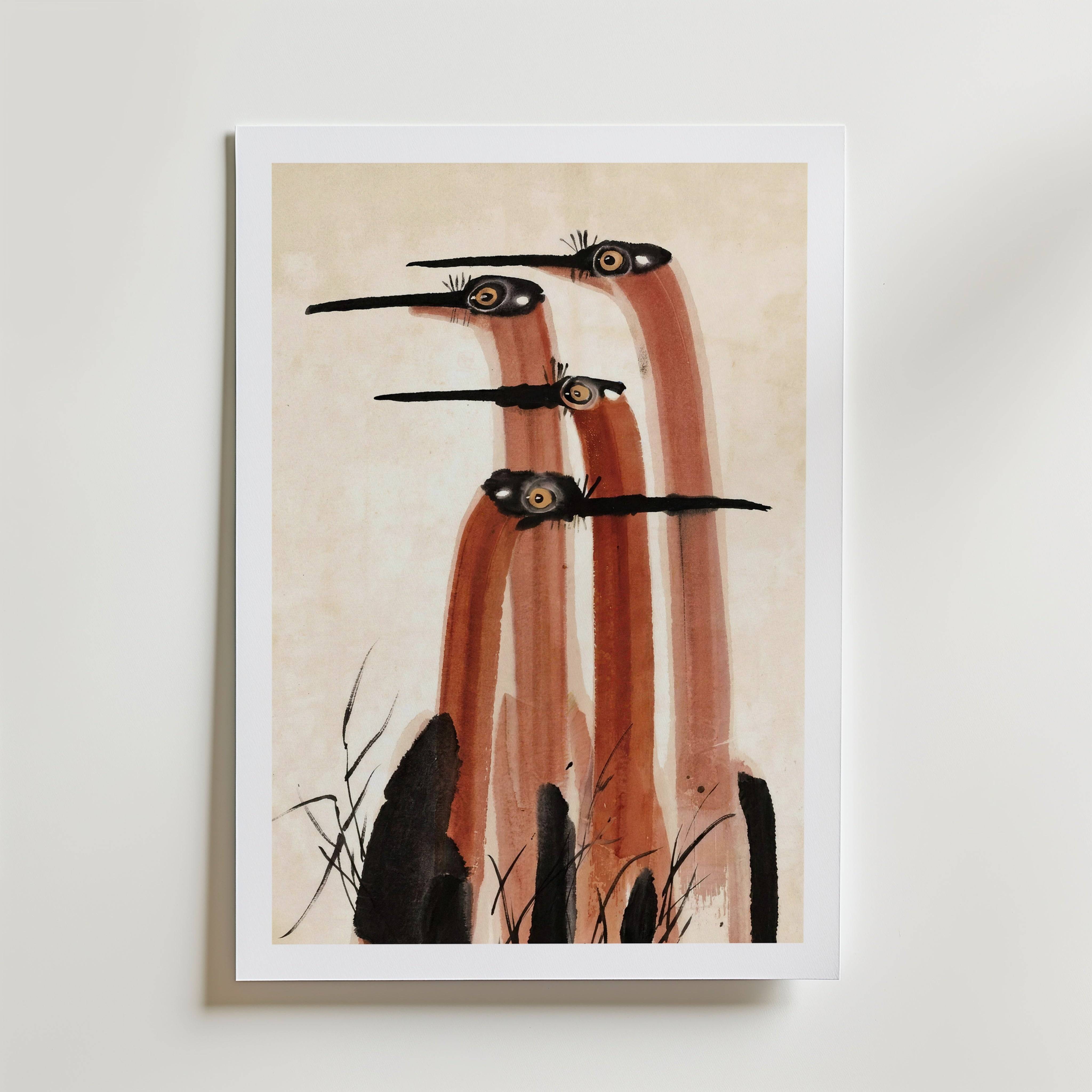 Ink Cranes Terracotta Poster by Caroline Engstr�m - Premium Canvas 50x70 cm Med passepartout