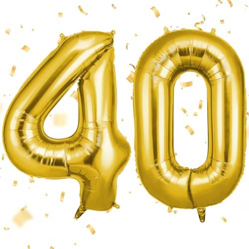 OFFCUP Guldfärgade ballonger för födelsedagar, sifferballong 40 st, foliejättestora dekorationer för födelsedagsfester, uppblåsbara ballonger