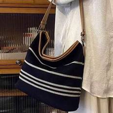 Back To School Striped Bucket Bag, Women Denim Color Block Shoulder Bag, Versatile For Commuting, Outing, Daily Shopping, Fashion Crossbody Bag - Black