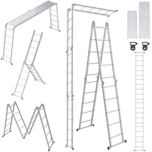 UISEBRT multifunktionell stege 4 x 5 aluminium med plattform, 6-i-1 multifunktionsstege, 550 cm, hopfällbar stege, aluminiumstege, kombistege, multifunktionsstege upp till 150 kg, silver