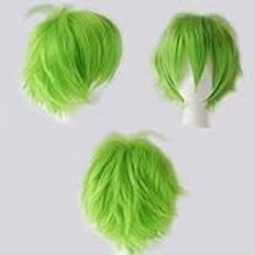 Anime peruk, kort, cosplay, peruker för kvinnor, män, syntetisk, rak, finklänning, vågig, slät, halloween, karneval, kostym, partyperuk, grön med gratis mössa