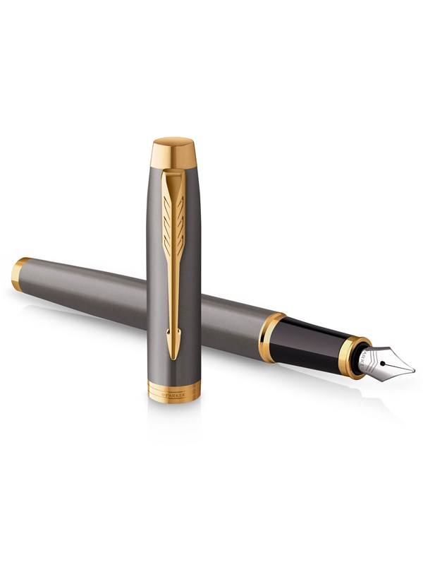 Parker IM Fountain Pen | Grey Lacquer with Gold Trims | Medium Polished Stainless Steel Nib | Blue Ink Cartridge Refill | Gift Box