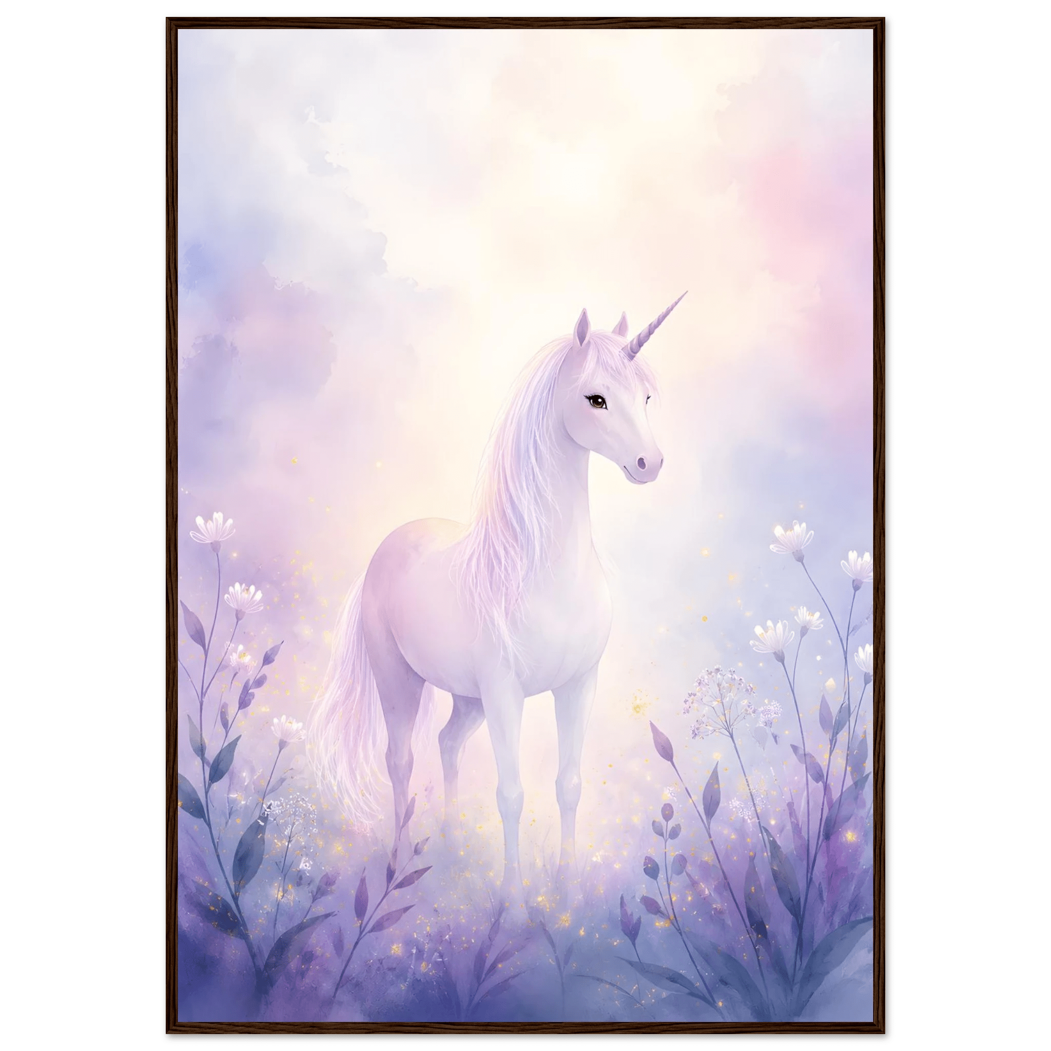 Enhörning i drömvärld poster-70x100 cm / 28x40″ / Med ram / Mörkt trä