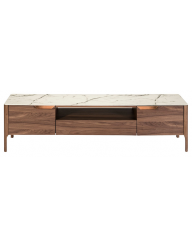 Tvbord med 2 skabe og 1 skuffe i glas og valnøddefinér H50 x B180 x D45 cm - Valnød/Hvid marmor
