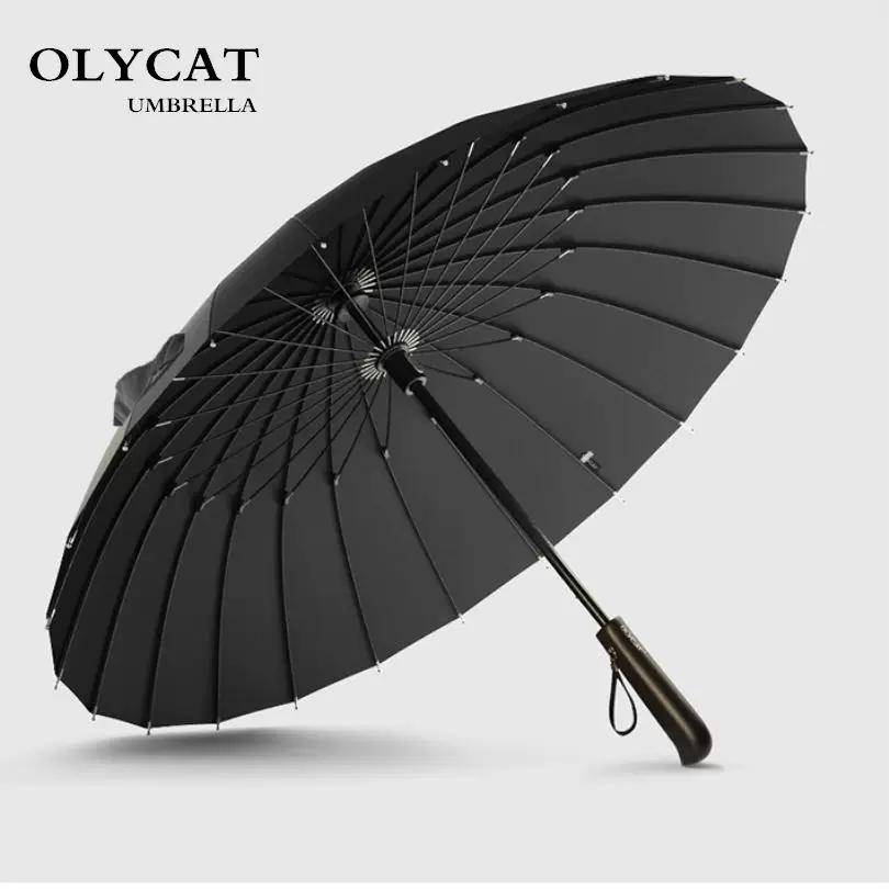 Olycat Japansk Stil Kreativ Retro Trähantag 24-bens Manuell Förstärkning Vindtålig Stark Hållbar Massivt Trä Paraply för Män och Kvinnor cm blå
