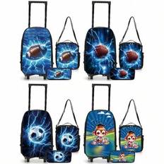 3-pack ryggsäckar med hjul, herr- och damerryggsäck med doktorapa, fotboll, rugby, blått bågmönster, inkluderar liten påse och ask, 2 utdragbara handt - Multi-color (En-Storlek)