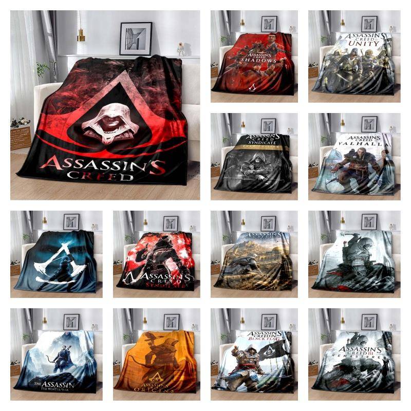 Assassin's Creed Huvförsedd Figur Flanellfilt Röd Röklogotyp Tryck Mjuk Varm Pläd för Soffa Säng Spelare Heminredning