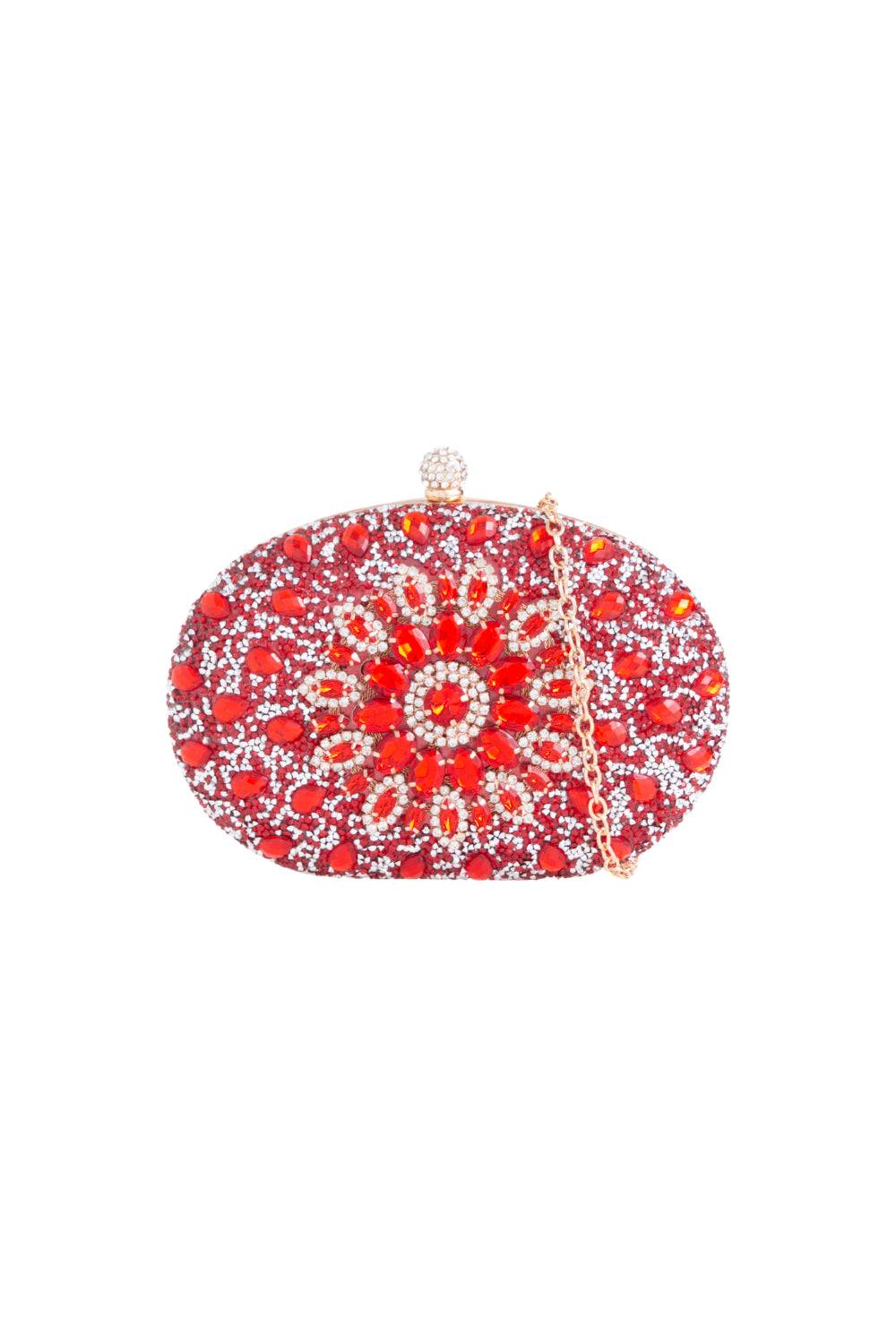 Red Embellished Clutch Bag with Gold Details