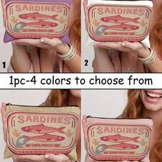 Retro Sardines Cosmetic Pouch, Olive Oil And Lemon Design, Unisex Adult Polyester Mini Makeup Bag, Hypoallergenic Zippered Toiletry Case, Pink Zippere - Multicolor - Style 1,Style 2,Style 3,Style 4