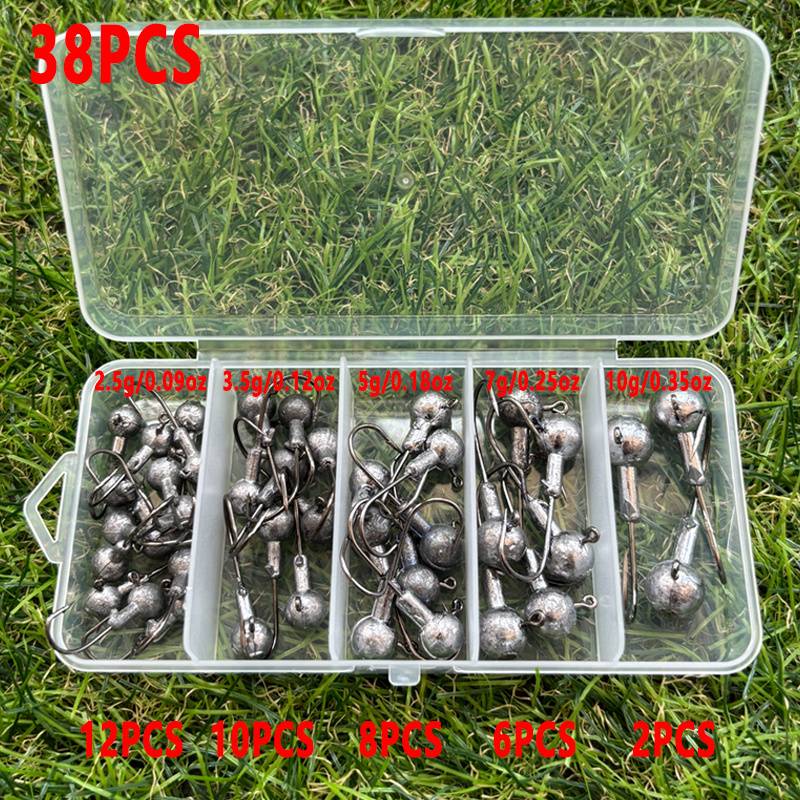 38pcs/box Unpainted Round Ball Jig Heads Fishing Hooks Set, 2.5g/3.5g/5g/7g/10g, Swimbait Soft Lure Jig Hooks For , Trout, Crappie, Walleye, Saltwater & Freshwater Fishing, Ideal Fishing Gift For