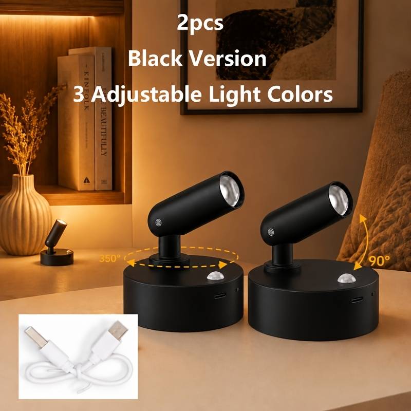 2pcs Round Induction Wall Light, 350° Rotation & 90° Up/down Adjustable, Dimmable High- Night Light. Suitable For Bedrooms, Bedside, Artwork, Potted Plants. Perfect Christmas & Holiday Gift