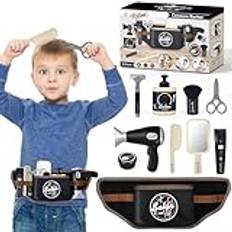 deAO Barnens frisörset, frisörsalong lekset rakapparat med batteridriven hårtork, stylingtillbehör, frisörväska barn, borste och mycket mer rollspelsset för pojkar från 3 år (11 st)