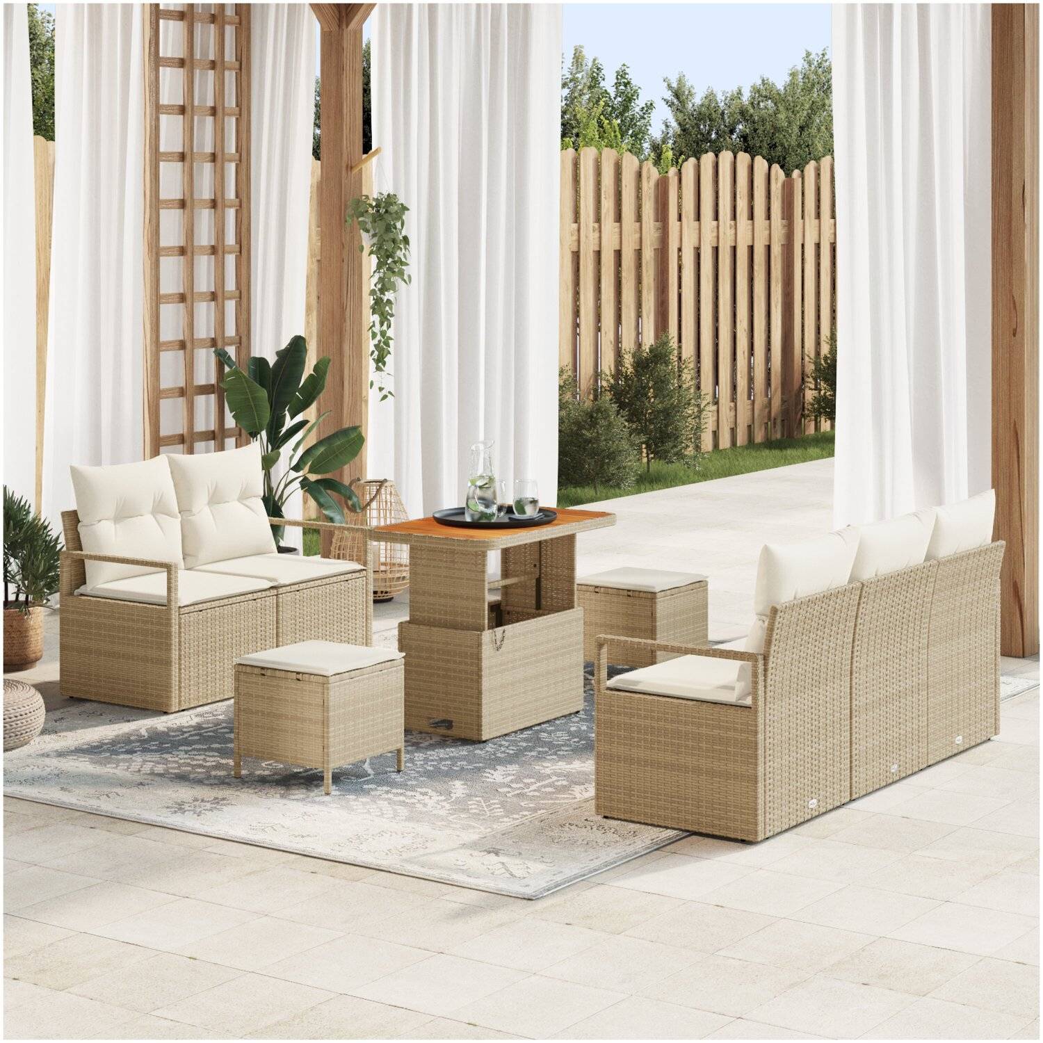 Trädgårdssoffset vidaxl - 8 delars trädgårdsoff set med kuddar i beige poly rattan och akacia medium naturlig rotting - Beige