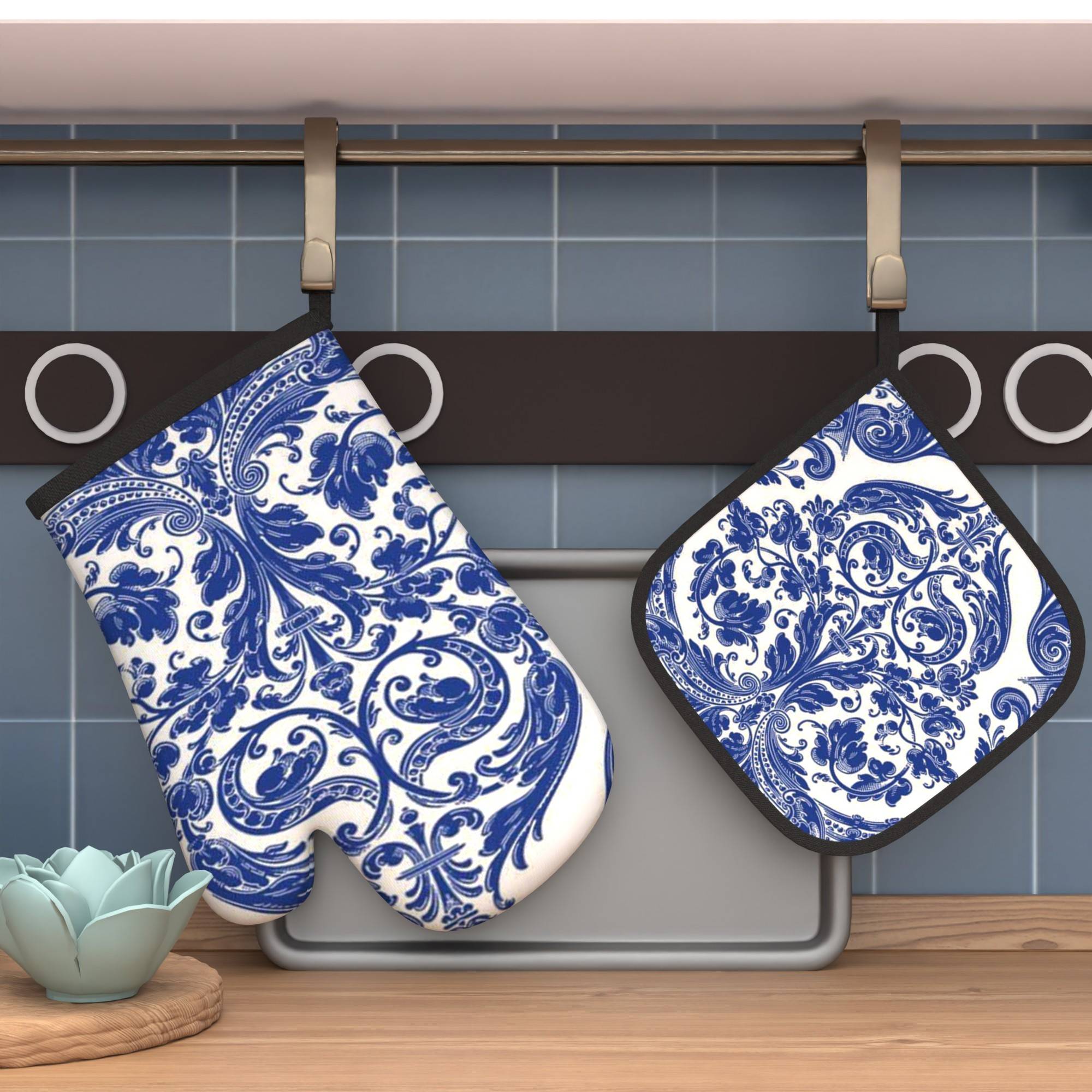 2pcs 10.6*6.7 Inch Oven Mitts And Pot Holders Flowers Illustration Heat Resistant Oven Mitts And Pot Holders Suitable For Cooking, Home Oven, Baking, Kitchen Decoration, Housewarming Gift Mn