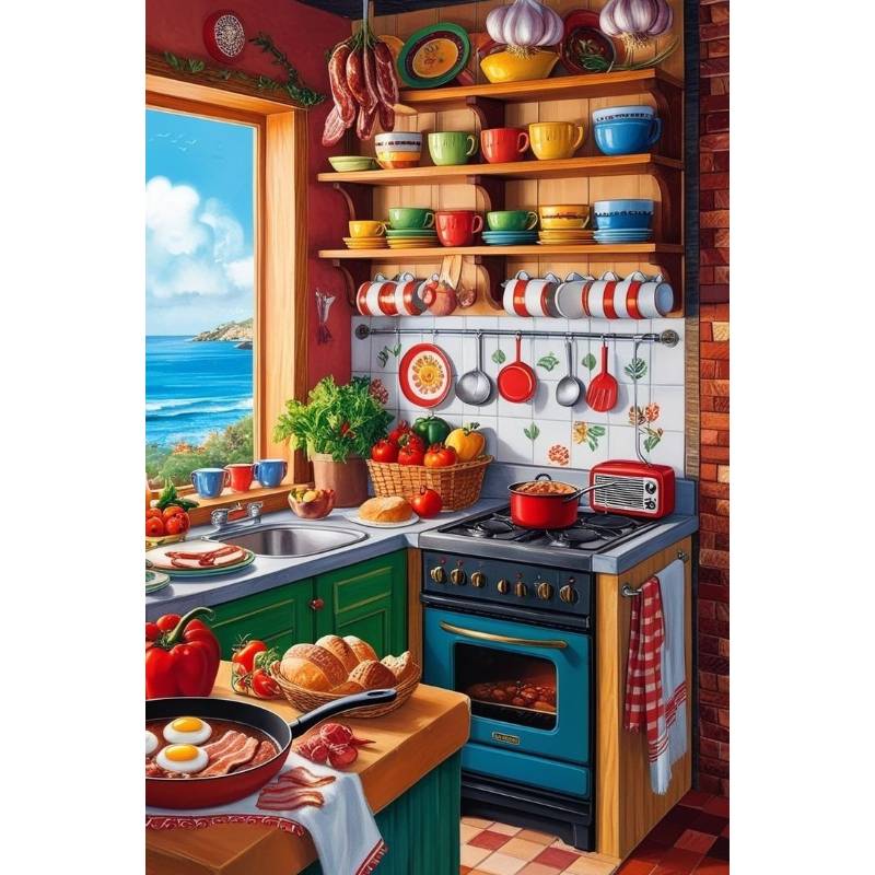 DIY Seaside Country Kitchen Fresh Ingredients Ocean View Scene Diamond Painting Mosaic Handmade Art Exquisite Wall Decoration