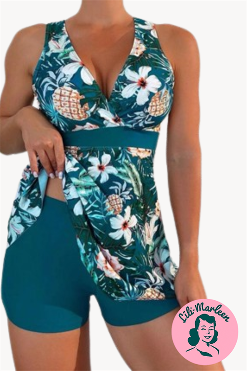 Tankini med skørt - Miss tropical, teal.