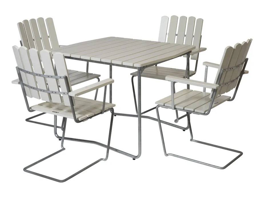 Grythyttan Stålmöbler B31 matgrupp Hvidlakeret ek/galvaniseret stål 4 lænestole & bord 84 x 92 cm