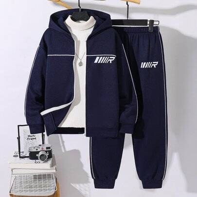Tween-pojke set med hoodie och mjukisbyxor med bokstavstryck, kontrastfärgade kantband och dragkedja, höst/vinter - Marinblå (8Y,9Y,10Y,11Y,12Y)