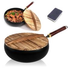 Japansk järnpanna, obelagd järnpanna, handgjord obelagd non-stick-panna av rent järn, gjutjärnspanna med trälock, smidd järnpanna för kök (28 cm)