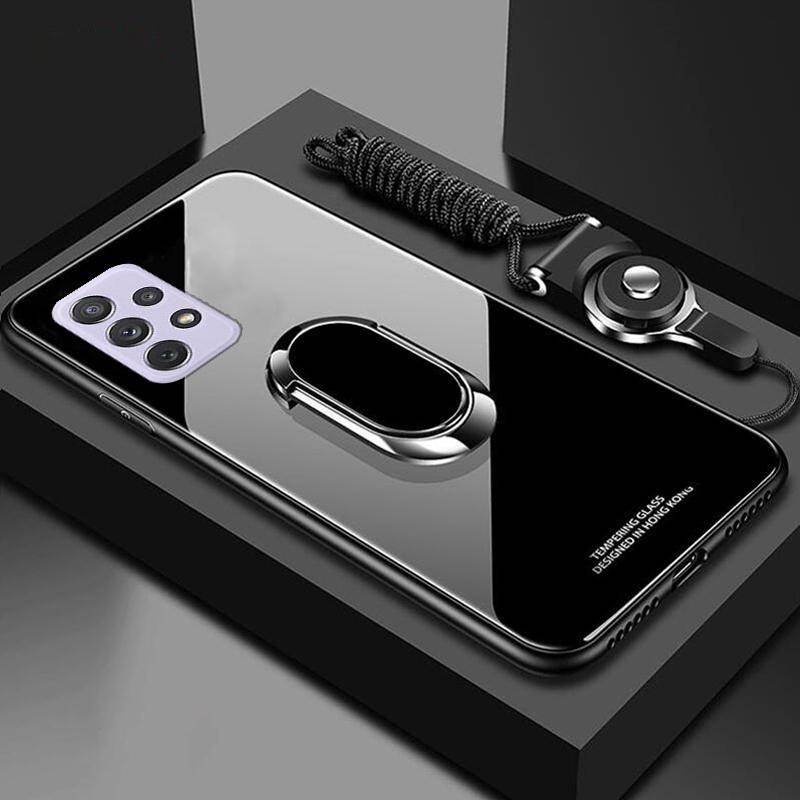 Telefonfodral i härdat glas för Samsung Galaxy A73 A53 A33 A13 A03S A22 A52 A32 A42 A51 A71 A72 A12 5G Magnetisk ringhållare Stativfodral med snodd