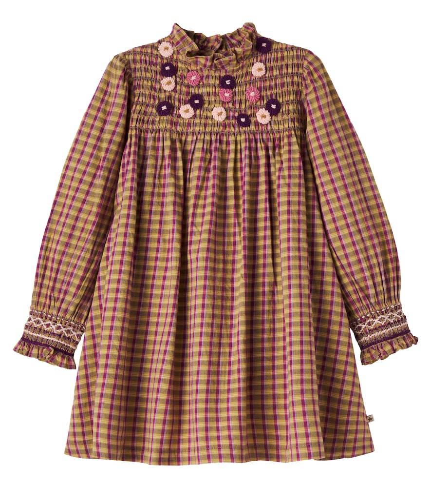 Bonton Poire checked embroidered shirred cotton dress
