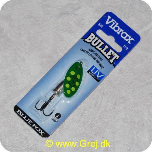 Bluefox Vibrax Bullet UV str. 3 - 11 gram - Grøn m/ gule pletter - Sølvklokke