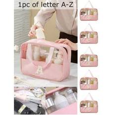 Elegant New Style Cosmetic Bag Pink Toiletry Bag With Pearl Initials A-Z, Large Capacity, Zipper Design, With Shoulder Strap Design, Student Back To S - Pink
