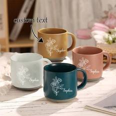 Anpassad keramisk kaffemugg, mugg för födelseblommor med namn, handgjord mugg, personlig familjemugg för födelsedag, julklapp till henne - flerfärgad