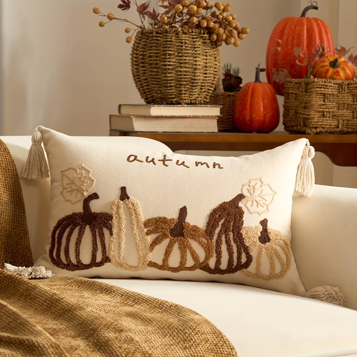 Orange-yellow And Brown- Maple Leaf And Pumpkin Pillowcases Suitable For Autumn, Thanksgiving Decor For Living Room And Room, Outdoor Garden Use Cushion Covers, Pillow Inserts Not Included